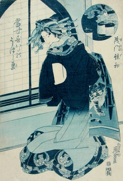 Courtesan wearing a kimono with tiger design (a blue print: 'aizuri-e')